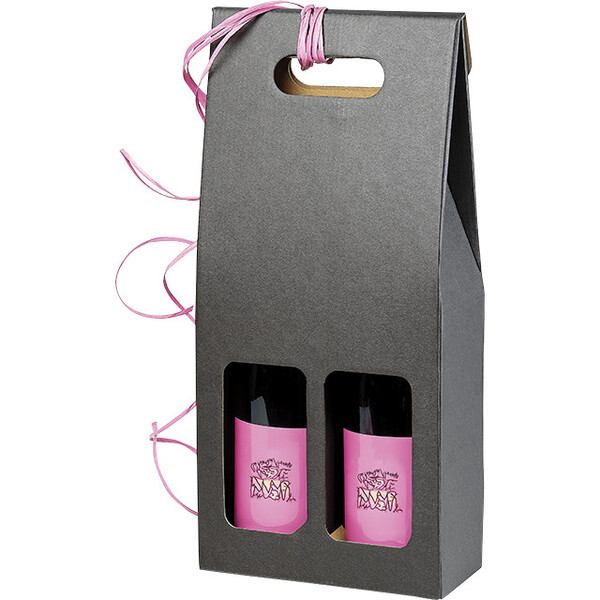 Wine carrier cardboard kraft/black 2 bottles handle delivered flat