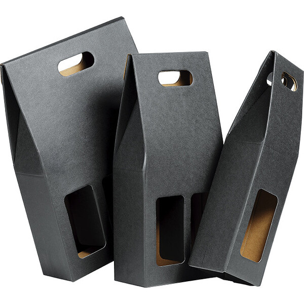 Wine carrier cardboard kraft/black 2 bottles handle delivered flat