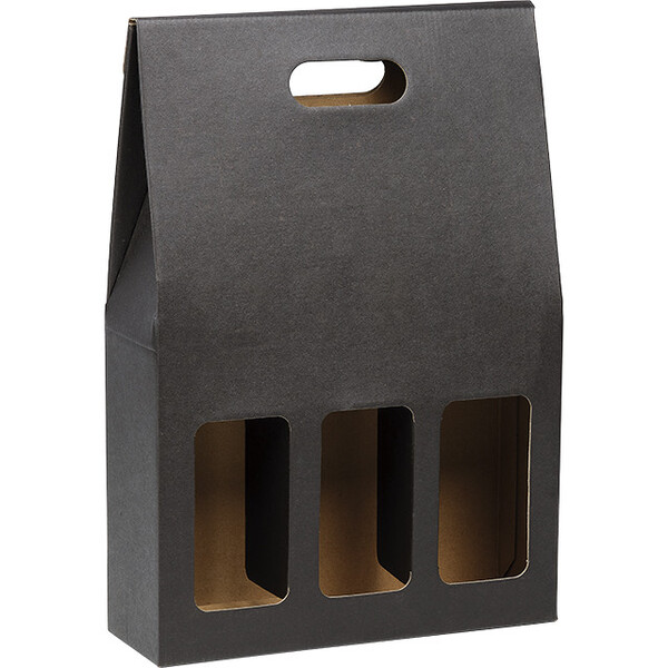 Maleta cartón kraft/negro 3 botellas asa entrega plana