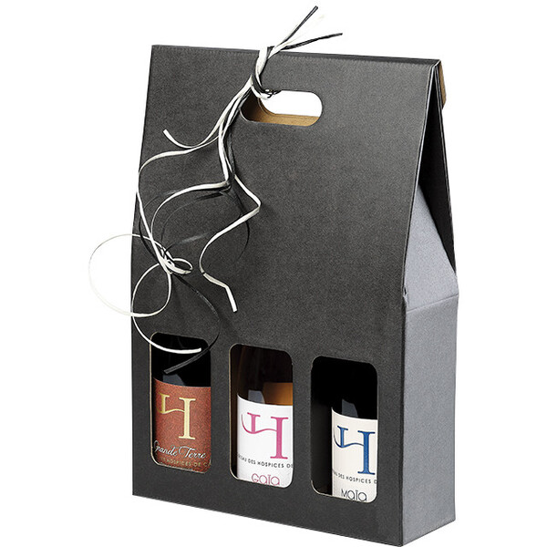 Mala cartão kraft/preto 3 garrafas alça entregue plano