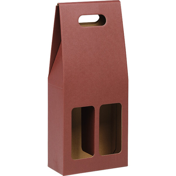 Wine carrier cardboard kraft/burgundy 2 bottles handle delivered flat