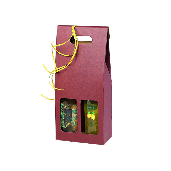 Wine carrier cardboard kraft/burgundy 2 bottles handle delivered flat