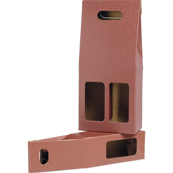 Wine carrier cardboard kraft/burgundy 2 bottles handle delivered flat