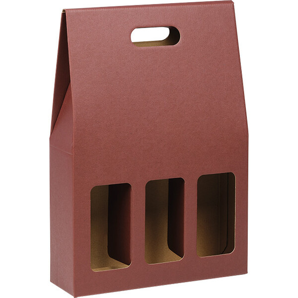 Valisette carton kraft/bordeaux 3 bouteilles poignée livré à plat