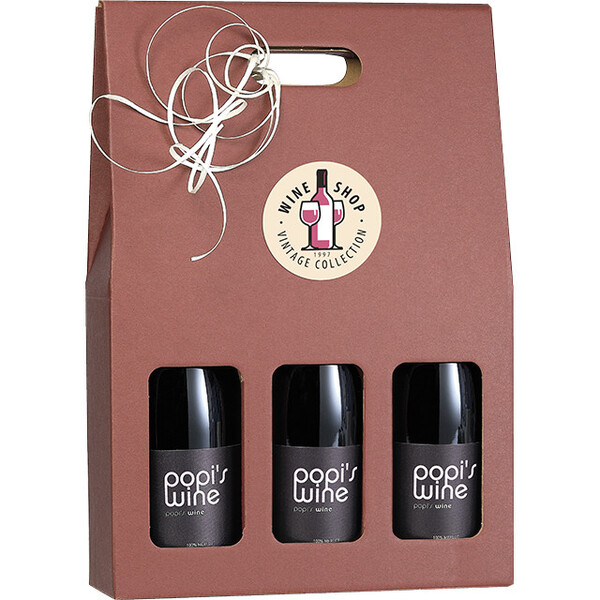 Maleta cartón kraft/Borgoña 3 botellas asa entrega plana