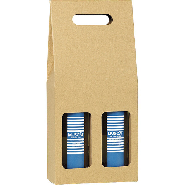 Wine carrier cardboard kraft 2 bottles handle delivered flat