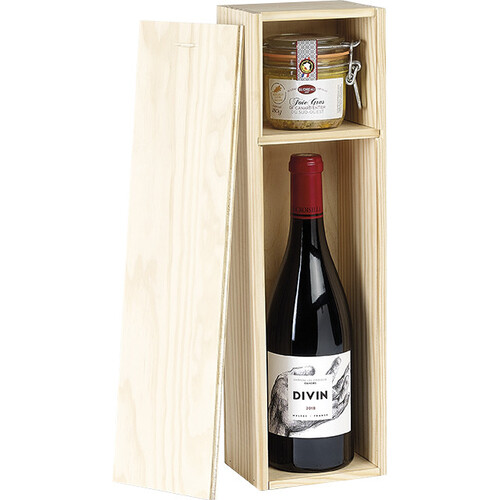 Caisse bois pin 1 bouteille 75cl et 1 bocal 180g glissière