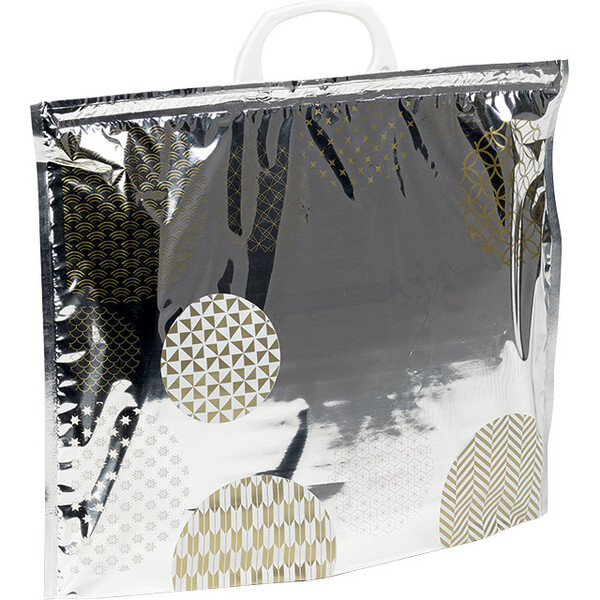 Bolsa isotérmica com decor de bolhas ouro/branco alças brancas