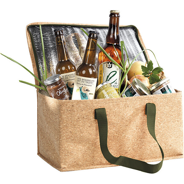 Sac isotherme rectangle liège 2 anses vertes nylon fermeture zip