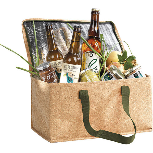 Sac isotherme rectangle liège 2 anses vertes nylon fermeture zip