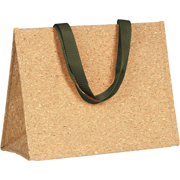 Saco isotérmico retangular cortiça 2 alças verdes nylon fecho velcro