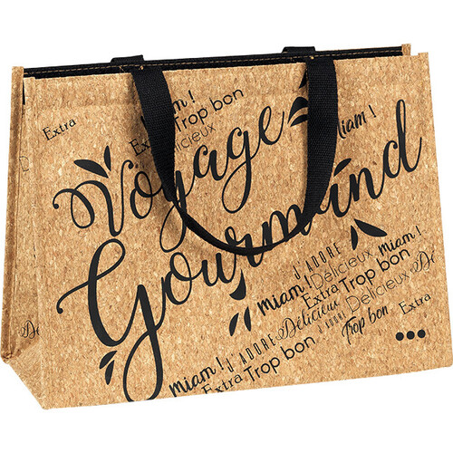 Sac isotherme rectangle VOYAGE GOURMAND liège 2 anses noires nylon fermeture scratch