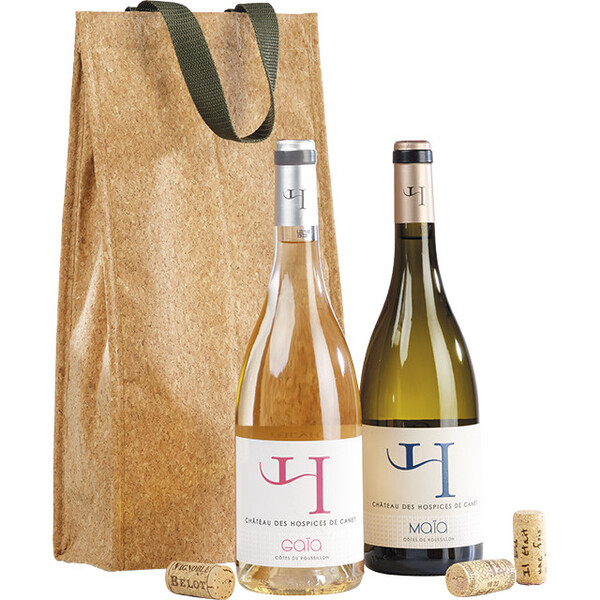 Bolsa isotérmica rectangular 2 botellas corcho 2 asas verdes nylon cierre velcro