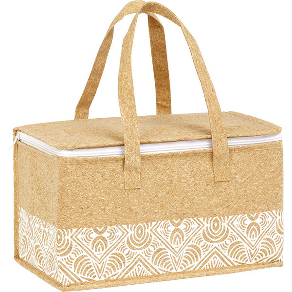 Saco isotérmico retangular cortiça BOHO branco 2 alças fecho de correr