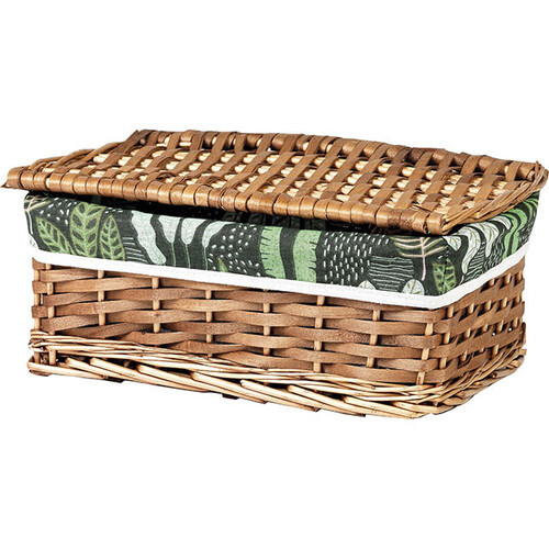 Caja mimbre/madera rectangular marrón tejido verde/motivo vegetal