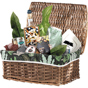 Coffret osier/bois rectangle marron tissu vert/motif végétal 2