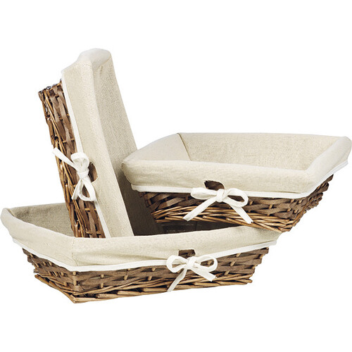 Corbeille osier/bois rectangle marron tissu beige