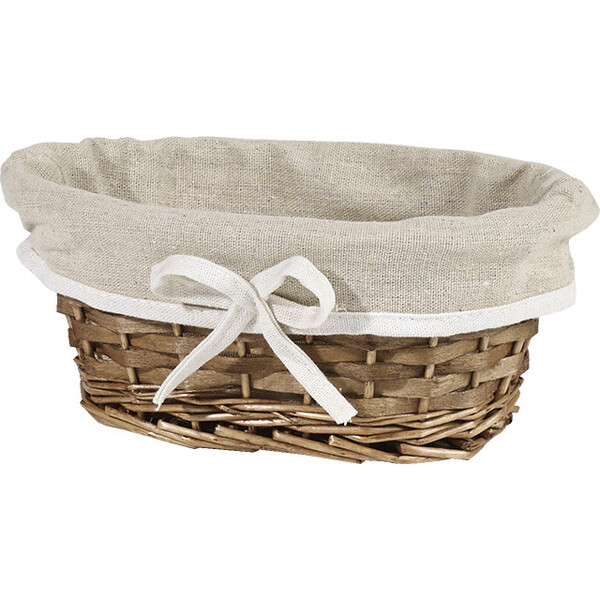 Corbeille osier/bois ovale marron tissu beige