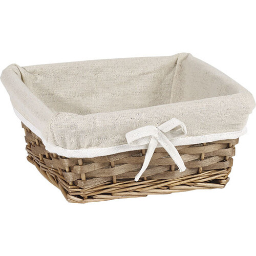 Corbeille osier/bois carrée marron tissu beige