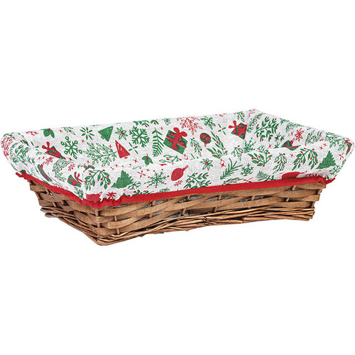 Corbeille osier/bois BONNES FÊTES rectangle marron tissu blanc