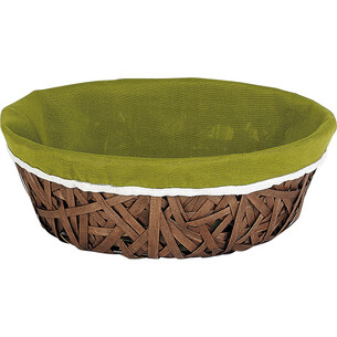Corbeille bois ronde marron/tissu vert liséré blanc
