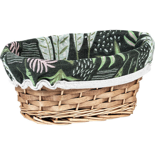 Corbeille osier/bois ovale marron tissu vert/motif végétal