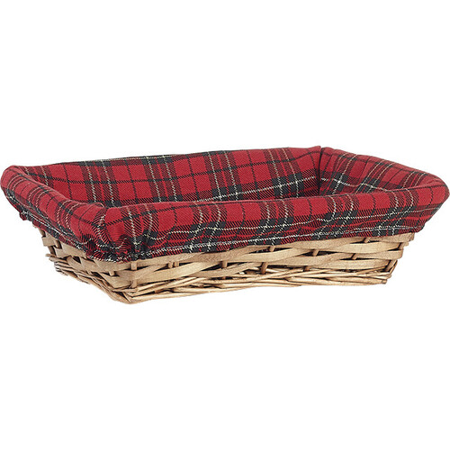 Corbeille osier/bois rectangle marron tissu écossais rouge/noir/or