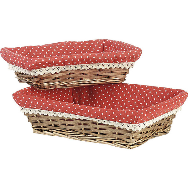 Bandeja mimbre/madera rectangular marrón tejido rojo/lunares blancos borde blanco ganchillo