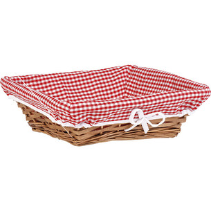 Corbeille osier/bois carrée marron tissu VICHY rouge/blanc