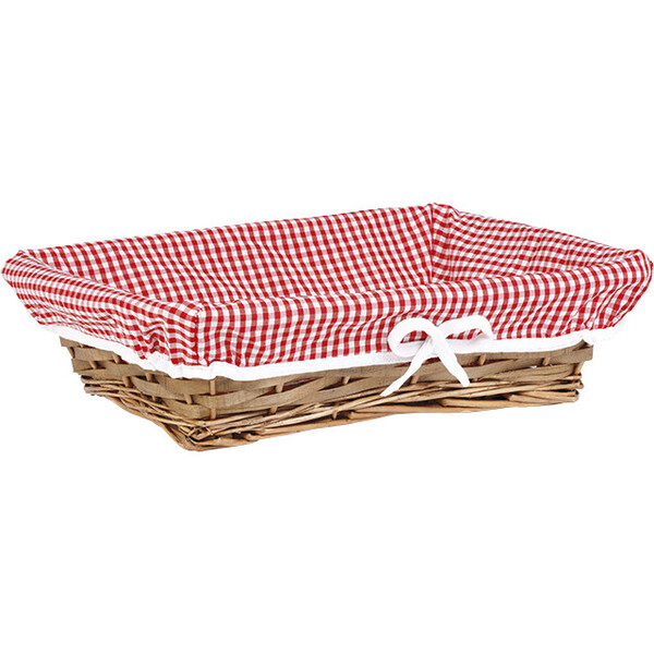 Tray wicker/wood rectangular brown VICHY red/white fabric