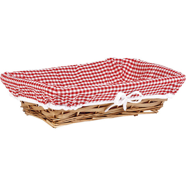Tray wicker/wood rectangular brown VICHY red/white fabric