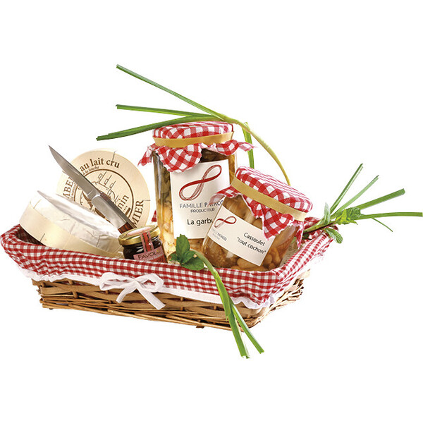 Corbeille osier/bois rectangle marron tissu VICHY rouge/blanc