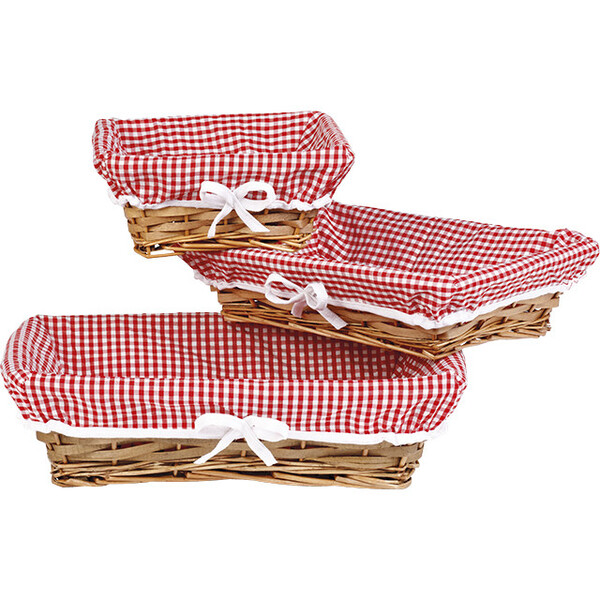 Corbeille osier/bois rectangle marron tissu VICHY rouge/blanc