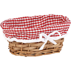Corbeille osier/bois ovale marron tissu VICHY rouge/blanc