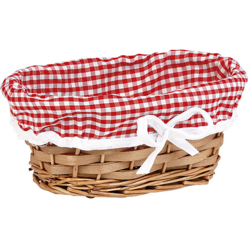 Corbeille osier/bois ovale marron tissu VICHY rouge/blanc