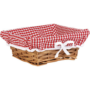 Corbeille osier/bois carrée marron tissu VICHY rouge/blanc