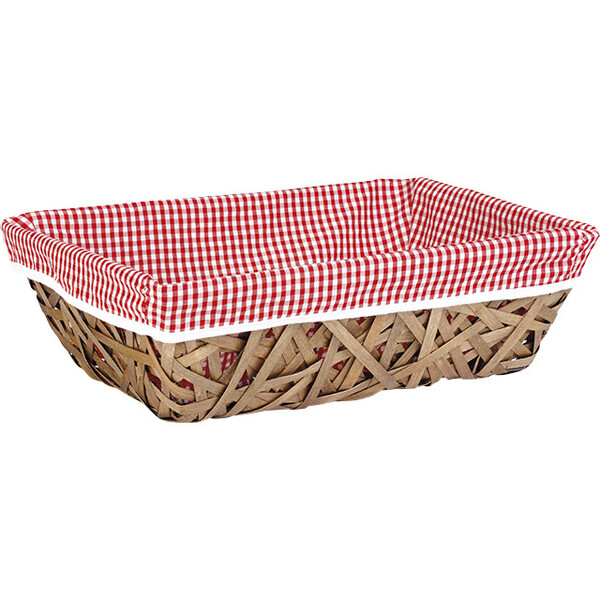 Tray wood rectangular brown VICHY red/white fabric