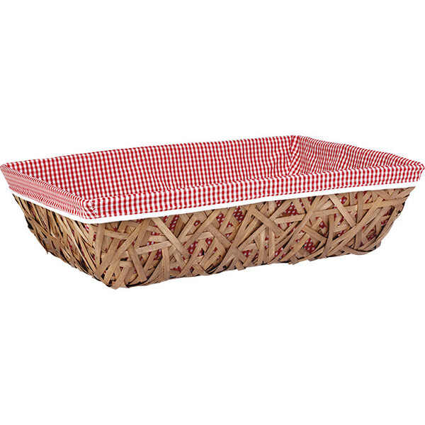 Tray wood rectangular brown VICHY red/white fabric