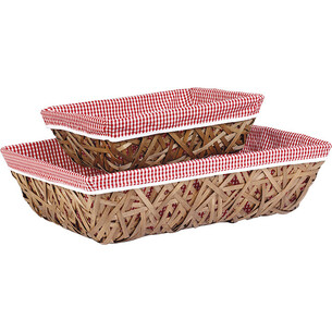 Corbeille bois rectangle marron tissu VICHY rouge/blanc 2