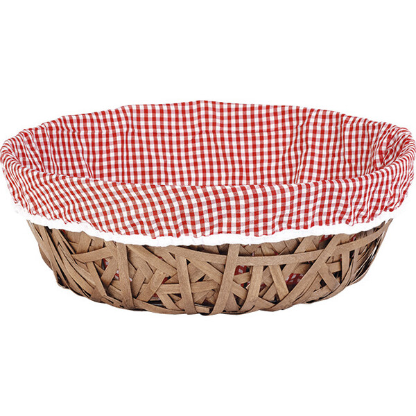 Tray wood round brown VICHY red/white fabric