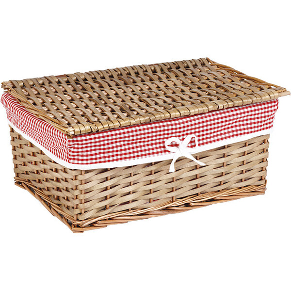 Caja mimbre/madera rectangular marrón tejido VICHY rojo/blanco
