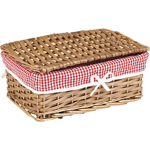 Coffret osier/bois rectangle marron tissu VICHY rouge/blanc