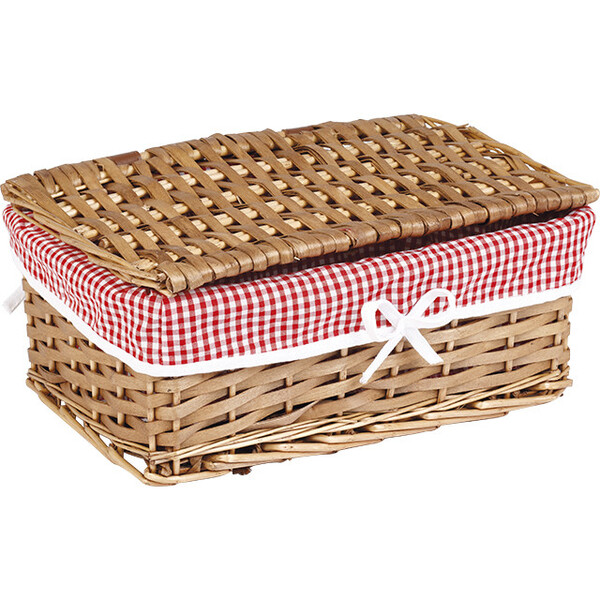 Coffret osier/bois rectangle marron tissu VICHY rouge/blanc
