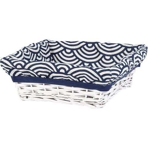Corbeille osier/bois carrée blanc tissu EVASION bleu/blanc