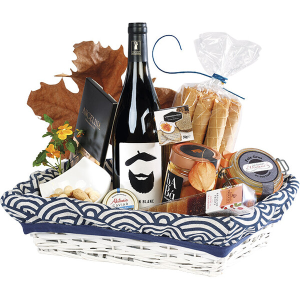 Tray wicker/wood rectangular white ESCAPE blue/white fabric