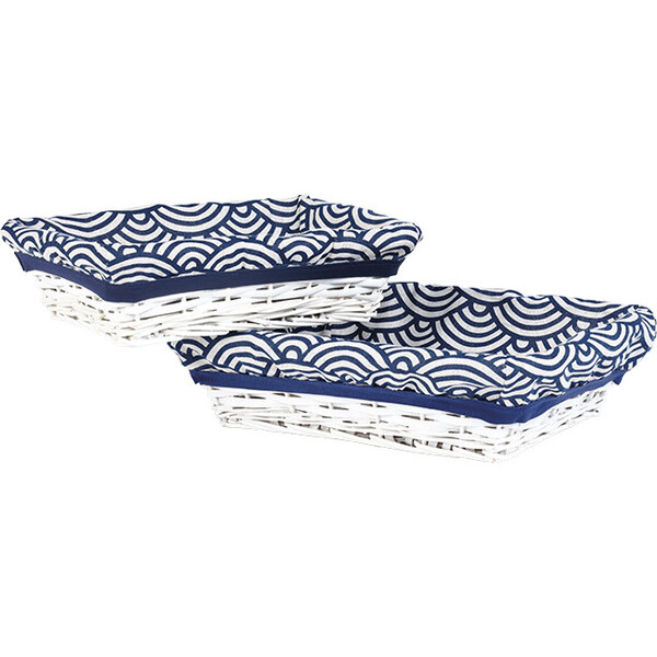 Bandeja vime/madeira retangular branco tecido EVASÃO azul/branco