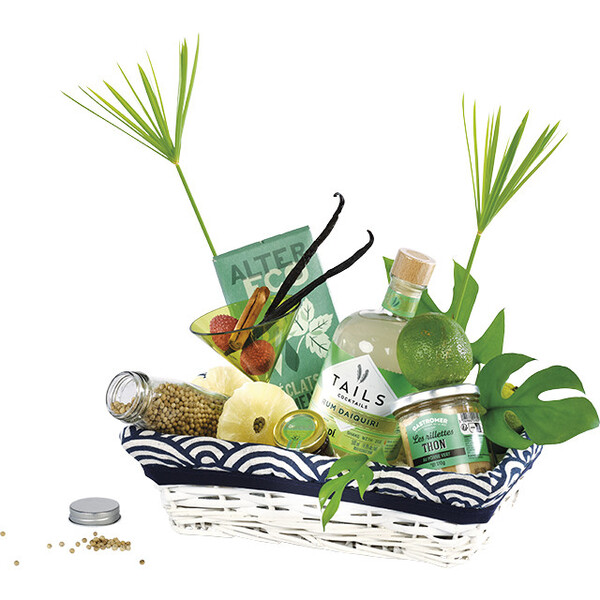 Tray wicker/wood rectangular white ESCAPE blue/white fabric