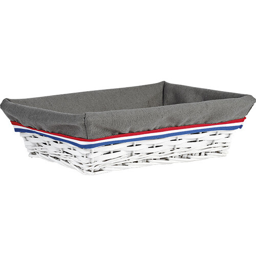 Corbeille osier/bois rectangle blanc TRICOLORE tissu gris liseré bleu/blanc/rouge