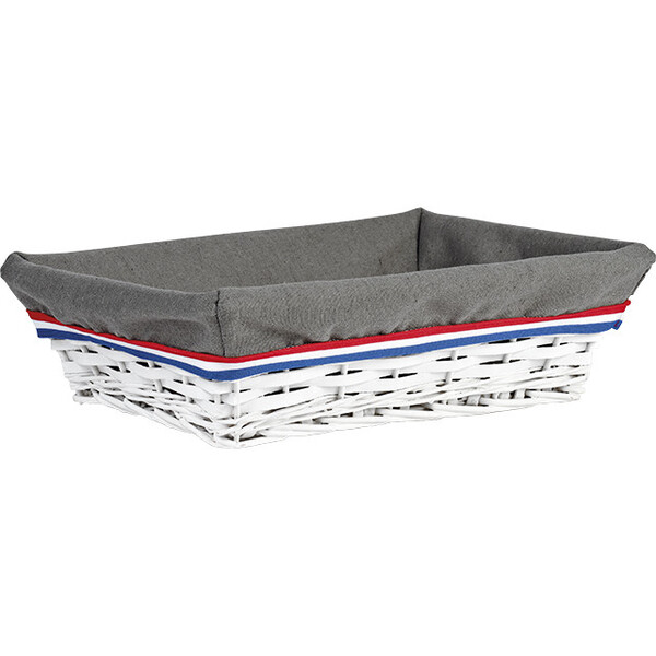 Corbeille osier/bois rectangle blanc TRICOLORE tissu gris liseré bleu/blanc/rouge