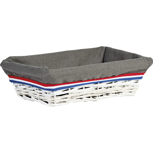 Bandeja mimbre/madera rectangular blanco TRICOLOR tejido gris borde azul/blanco/rojo